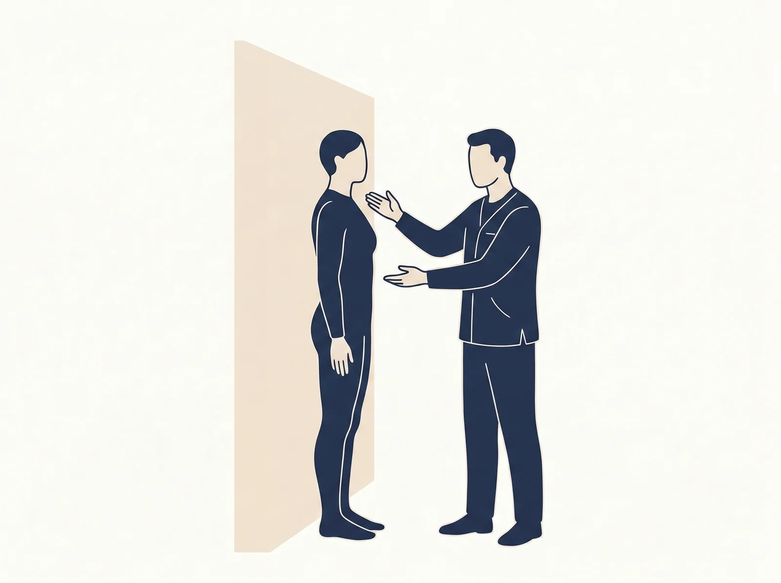 Postural re-education — editorial illustration of alignment cue at the wall