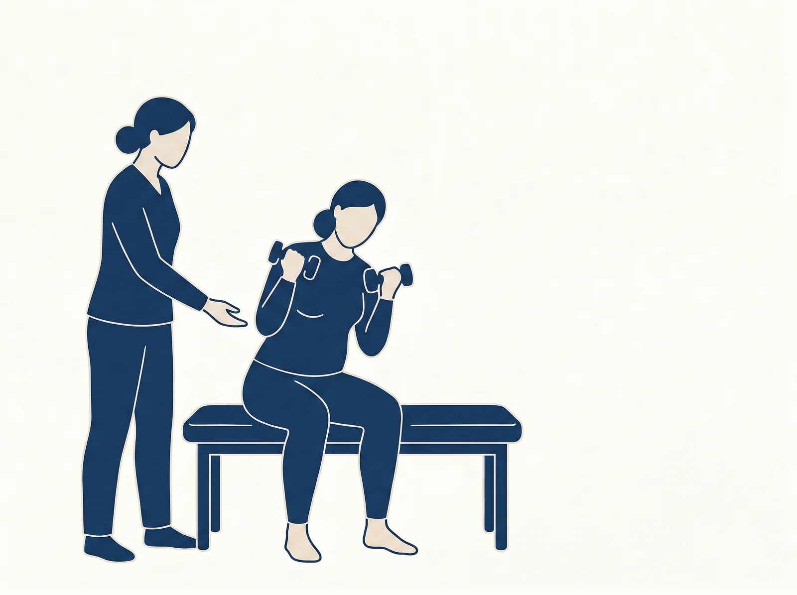 Postnatal strength rebuilding — editorial illustration of trunk-stabilization training with hand weights