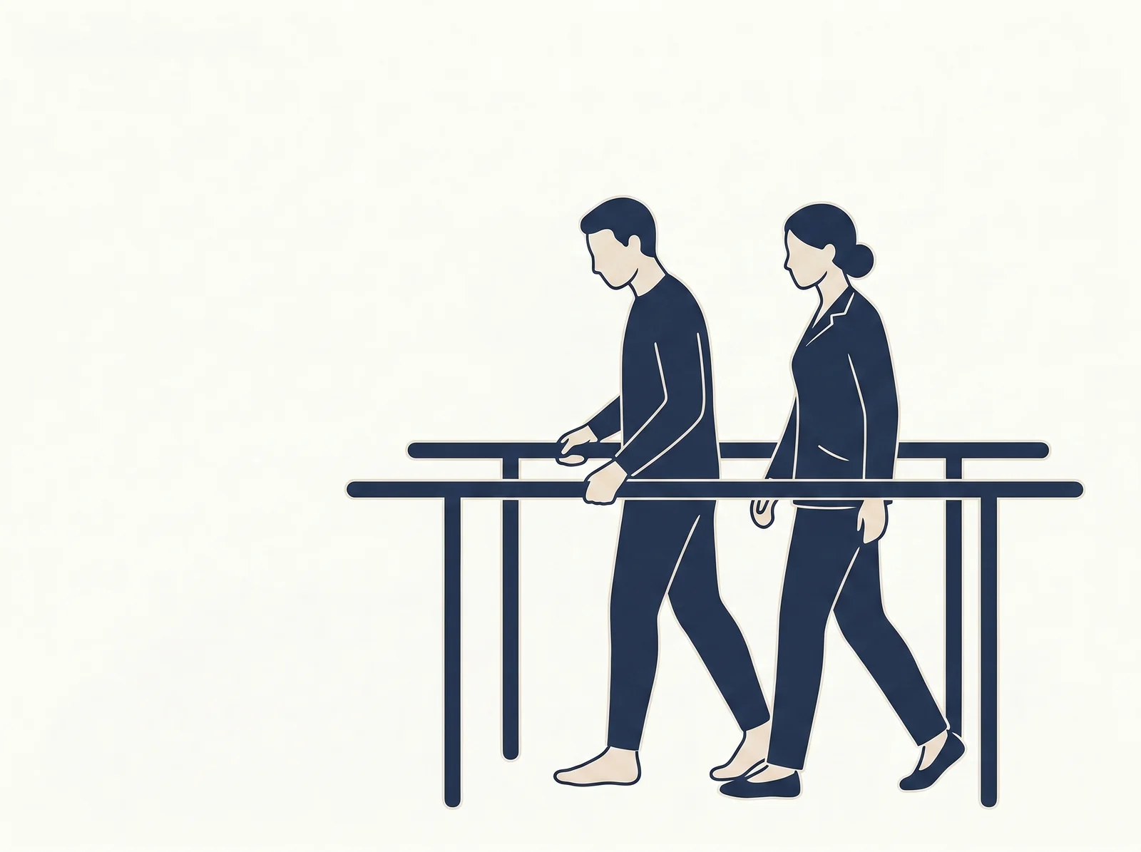 Gait training — editorial illustration of walking between parallel bars