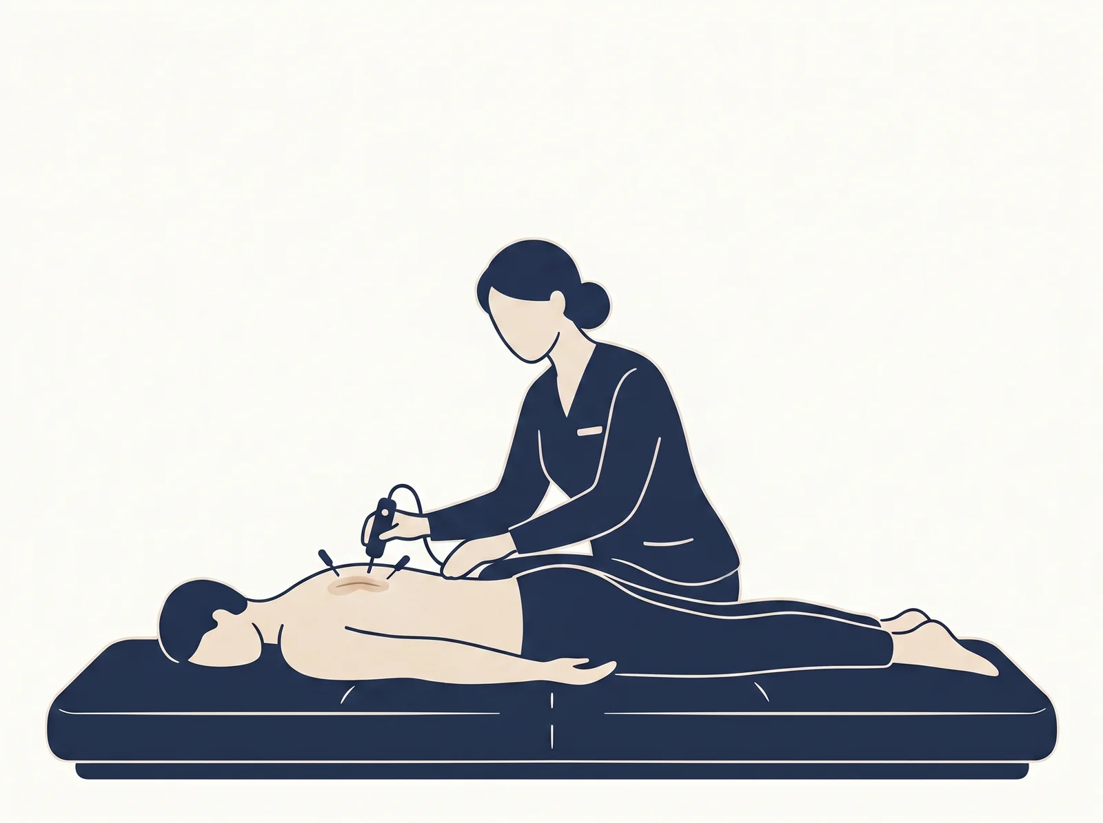 Neurostim — editorial illustration of handheld neuromuscular probe treatment
