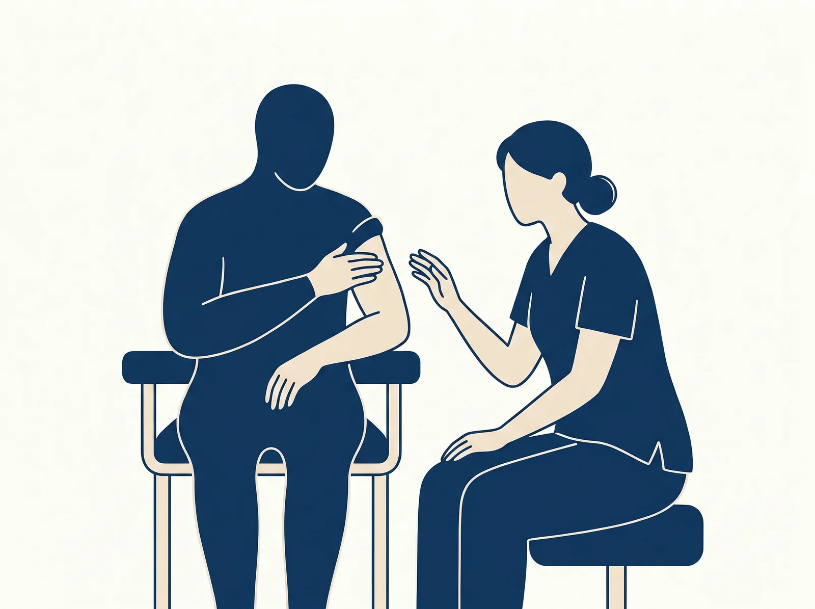 Self-management coaching — editorial illustration of patient performing self-directed lymph drainage with therapist coaching