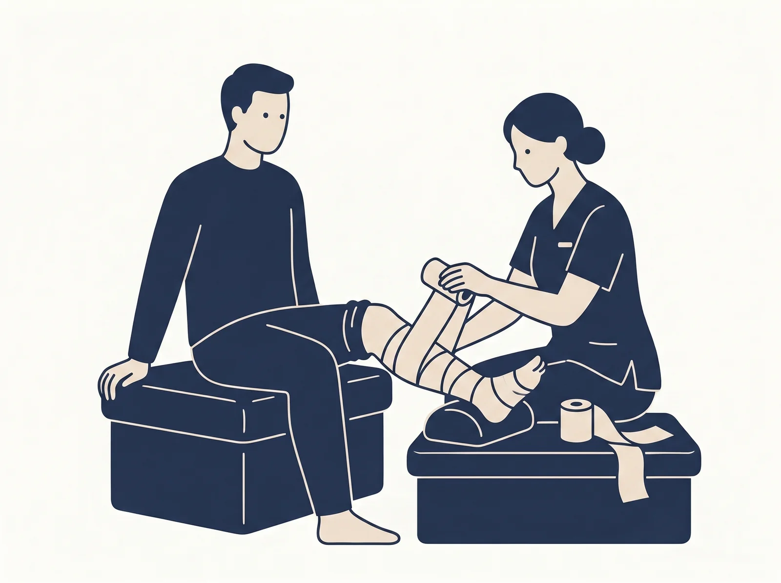 Compression bandaging — editorial illustration of multi-layer wrap application