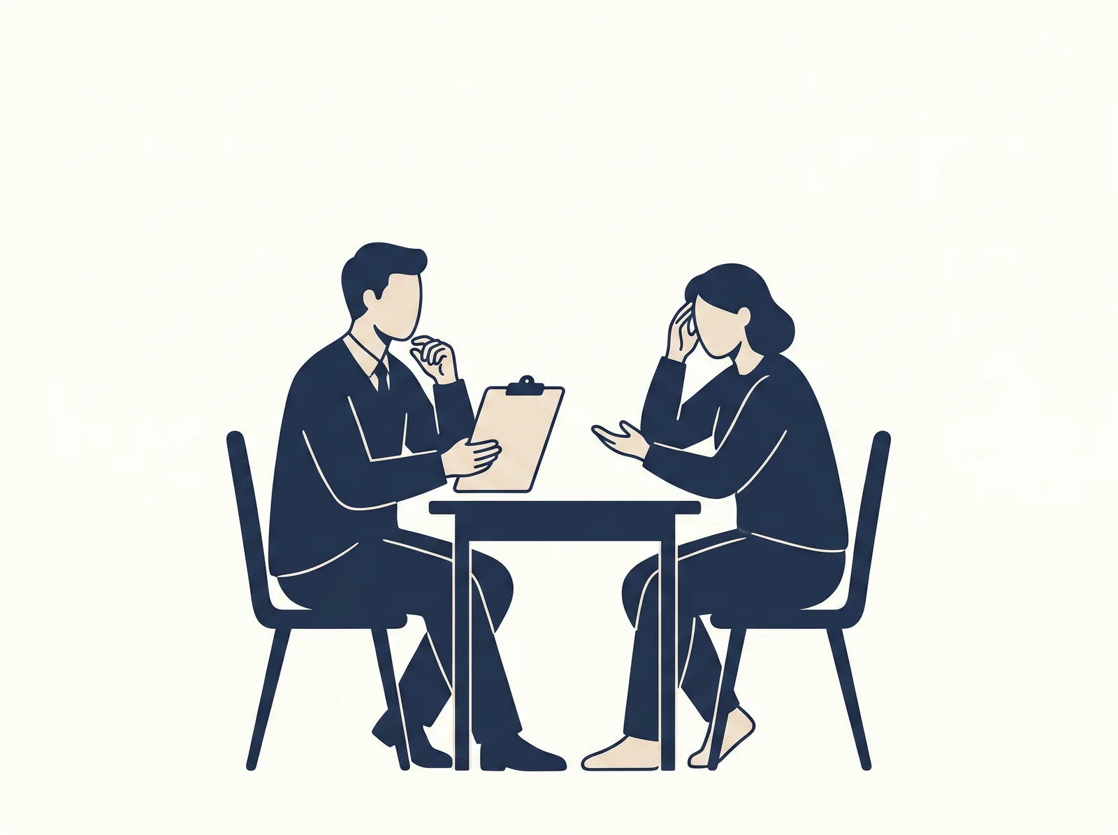Headache history & triggers — editorial illustration of diagnostic intake conversation between patient and therapist with clipboard