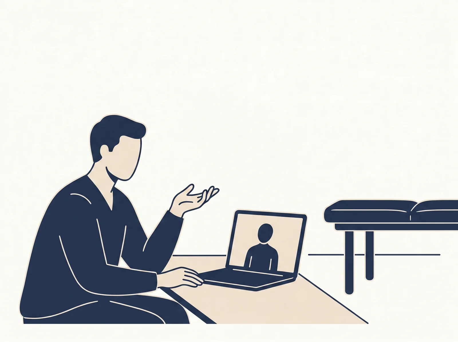 Hybrid care coordination — editorial illustration of therapist planning the mix of virtual and in-clinic sessions at a clinical desk